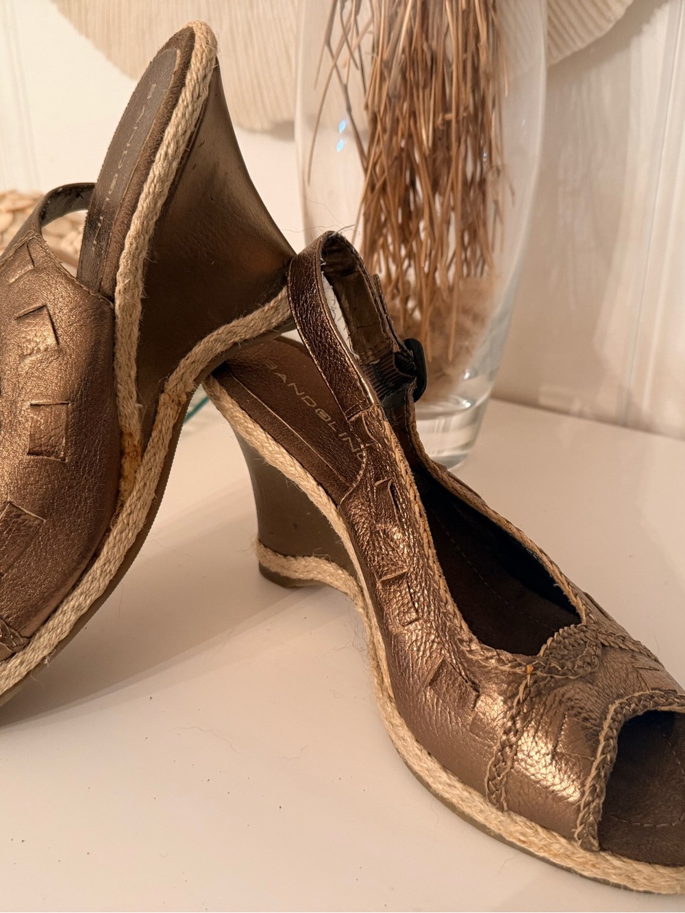 Bandolino Bronze Metallic Peep-Toe Wedge Slingbacks